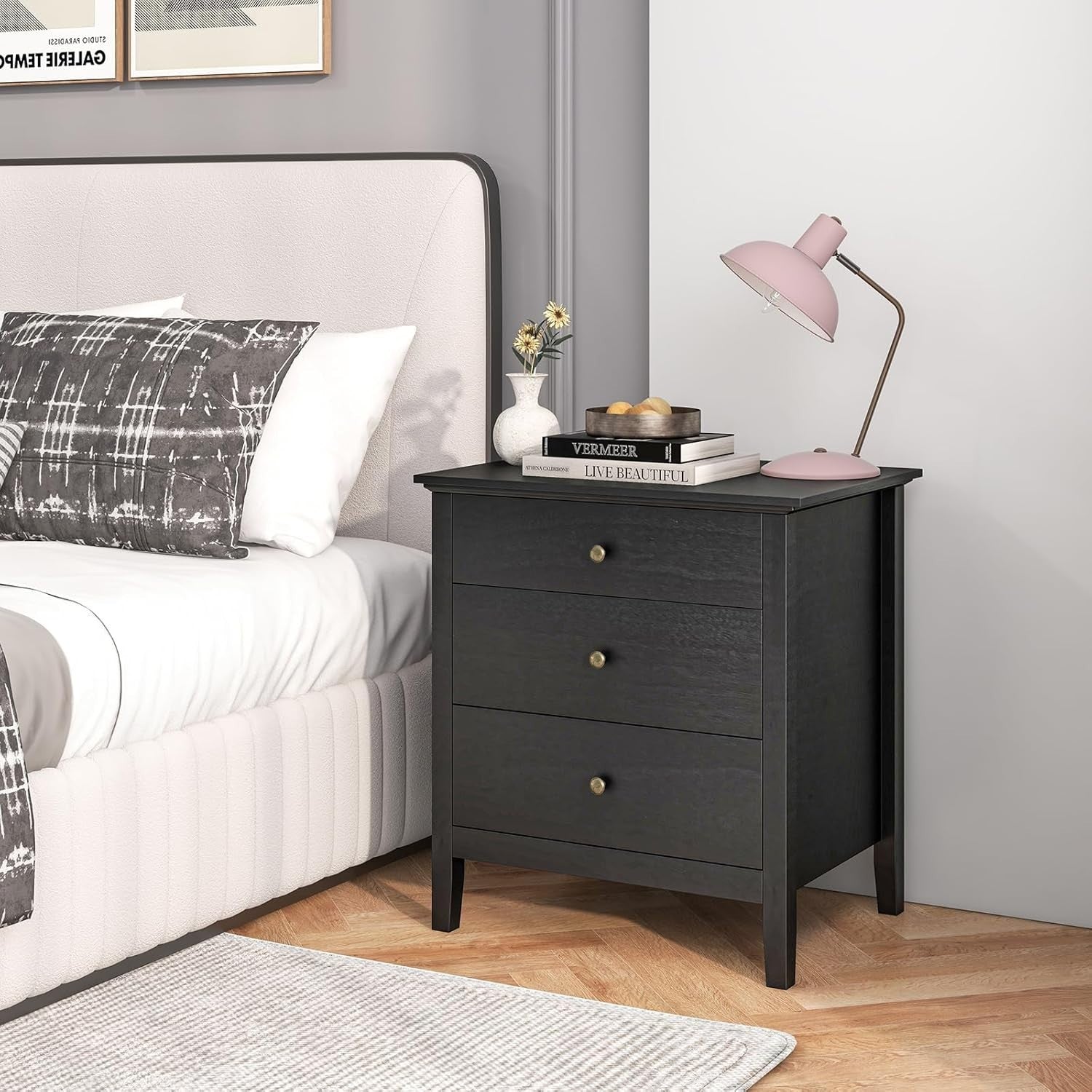 Black Wooden 3 Drawer Bedside Table | Modern Storage Cabinet