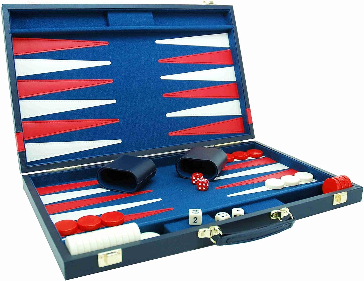 38cm Backgammon Set Blue Red Trim Folding Case Travel Board Game