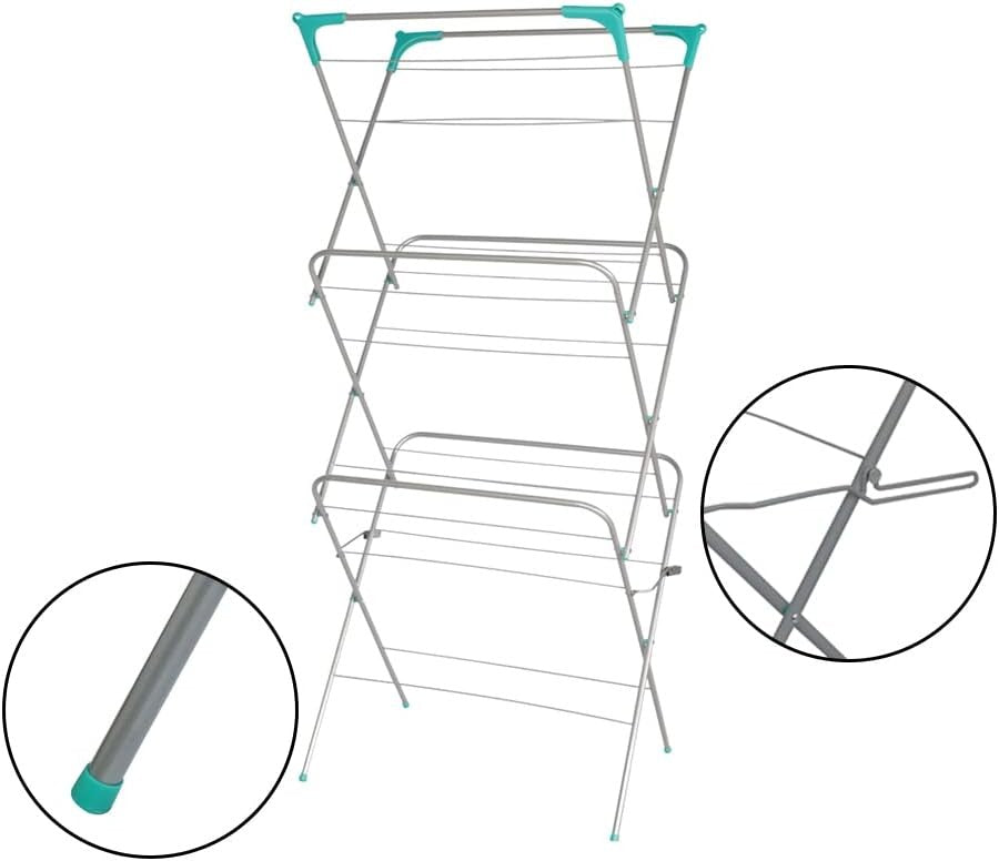 3 Tier Clothes Airer Folding Laundry Drying Rack with Corner Hooks Heavy Duty