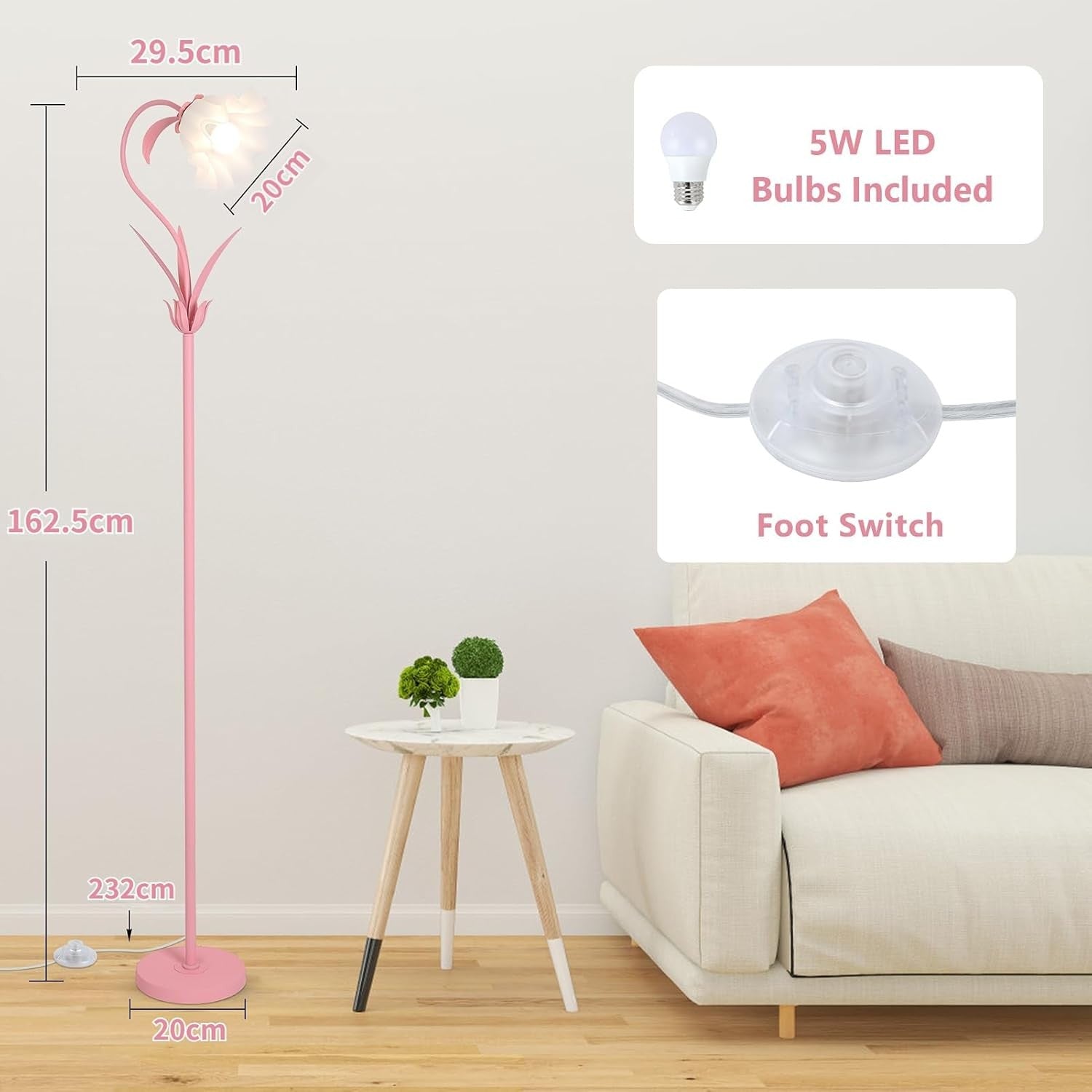 Pink Flower Floor Lamp Modern Standing Light Foot Switch Bedroom Living Room
