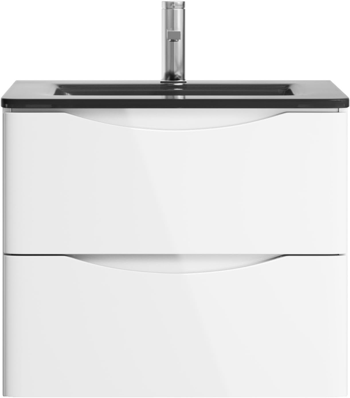 600mm Wall Hung Vanity Unit White Gloss with Grey Glass Basin Bathroom Storage