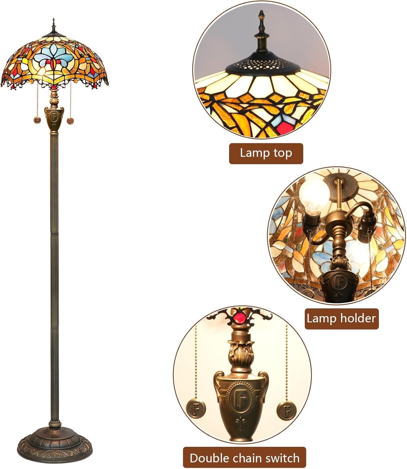 Stained Glass Floor Lamp with Pull Chain & Vintage Bronze Base 64"