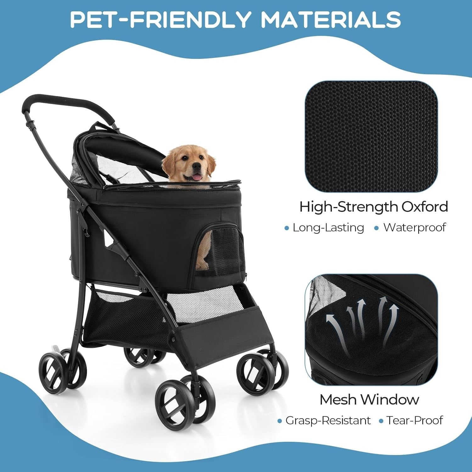 3 in 1 Pet Stroller Folding Cat Pushchair Detachable Carrier 4 Wheel