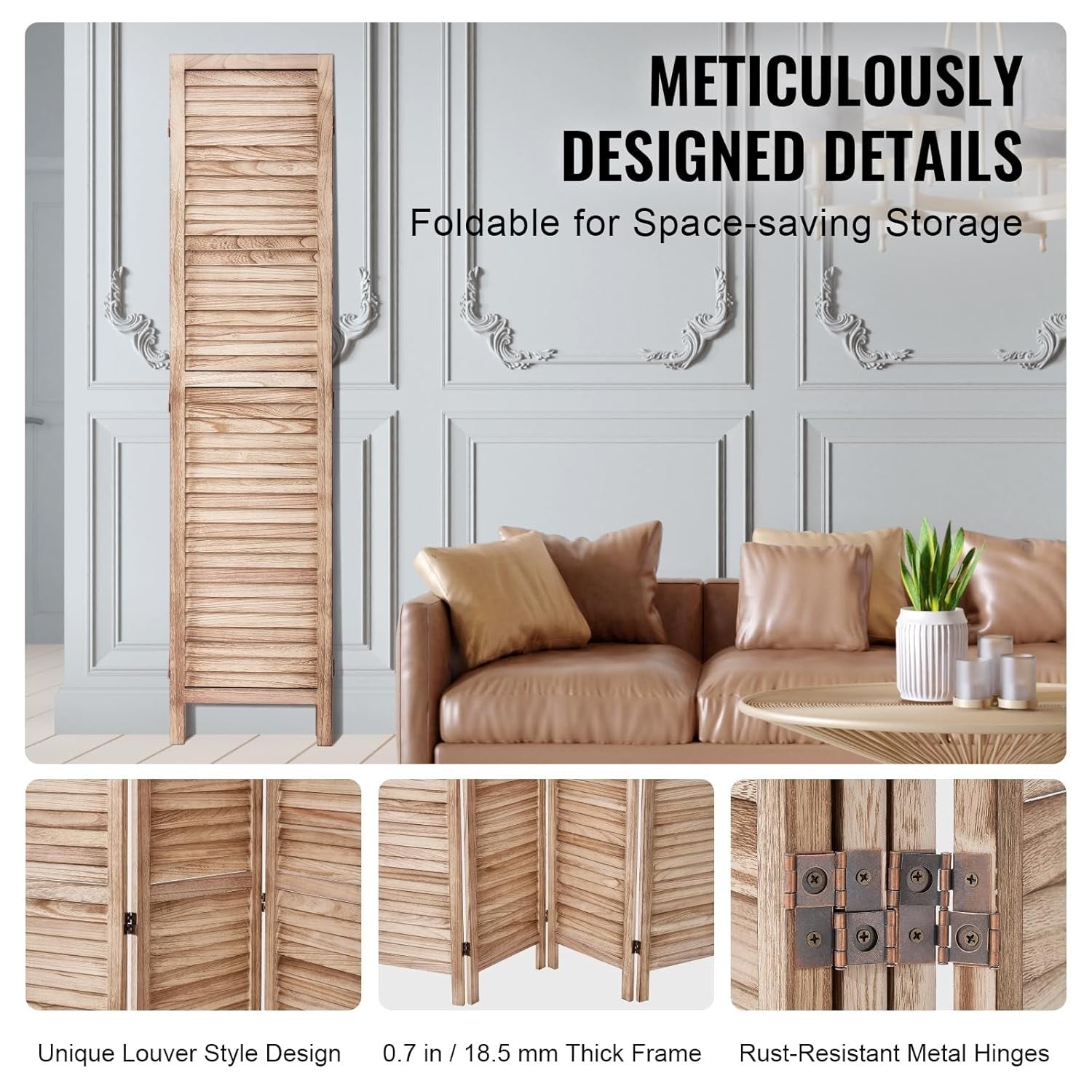 4 Panel Wooden Folding Room Divider Light Natural Privacy Screen 162x170cm