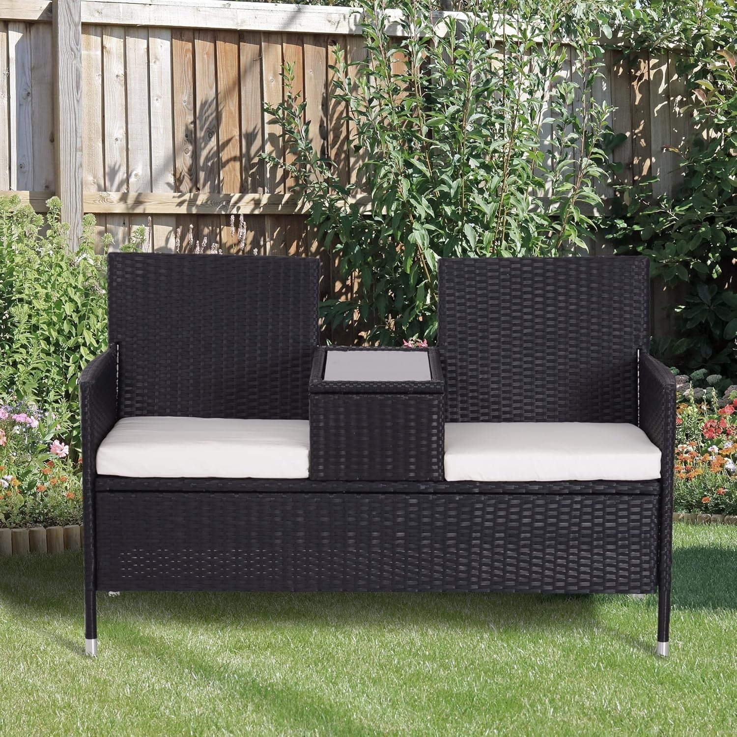 2-Seater Outdoor Rattan Garden Sofa with Table & Cushions Black Patio