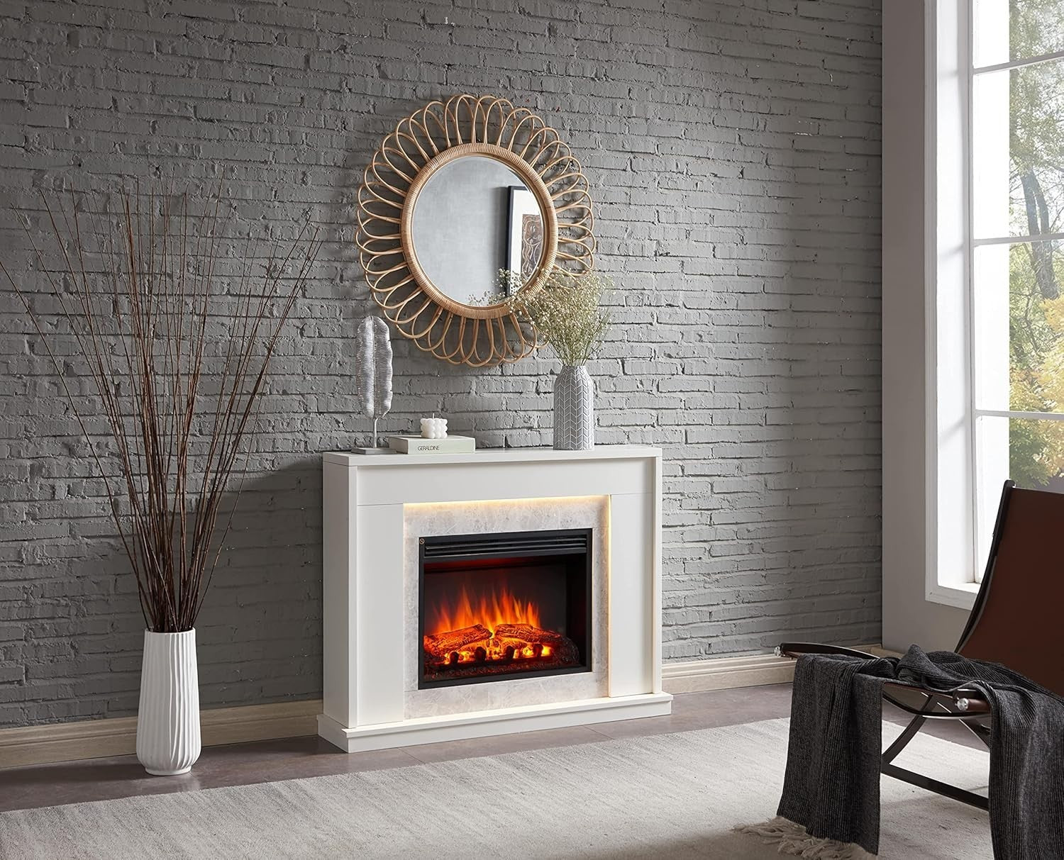 White Electric Fireplace Suite 2kW LED Heater Modern Wall Mounted 43"