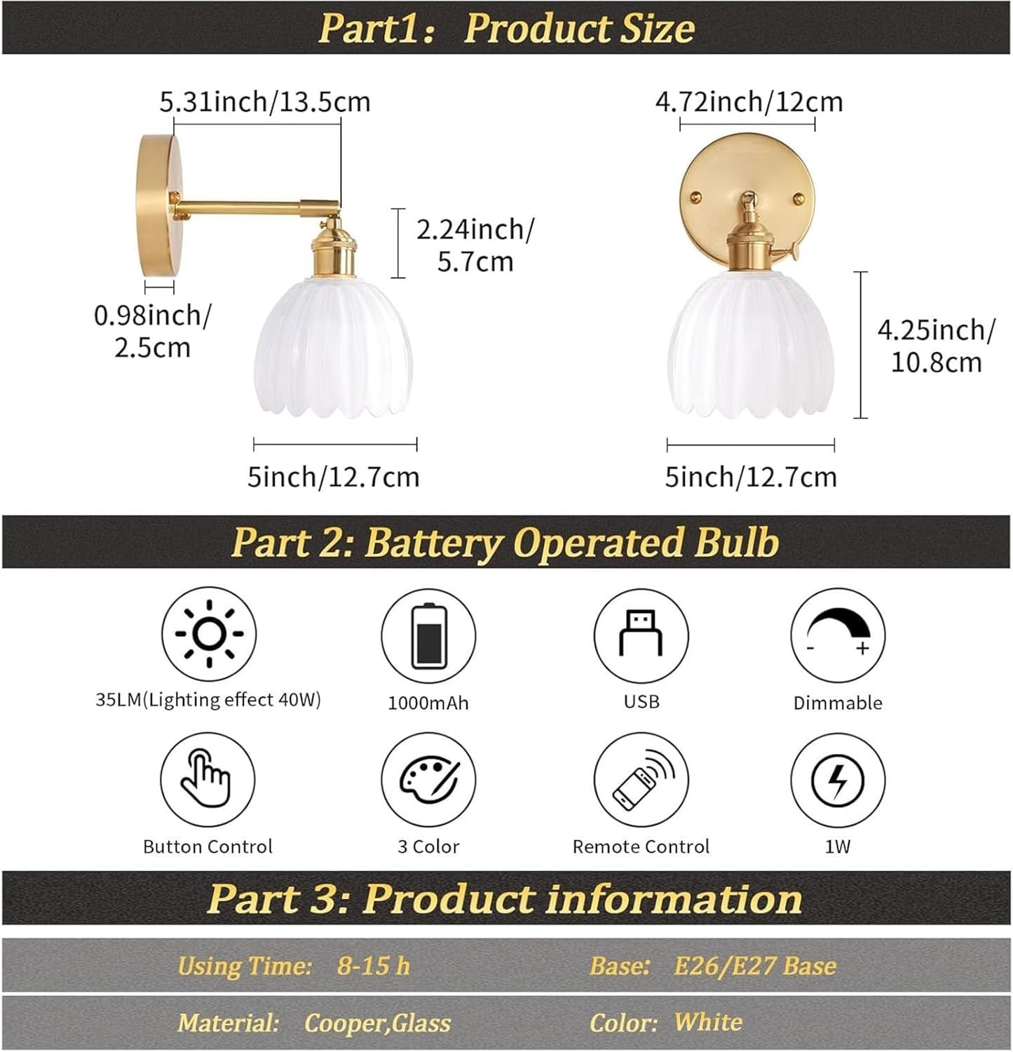 Wall Sconce Light Battery Operated RGB Remote Dimmable Lamp Bedroom