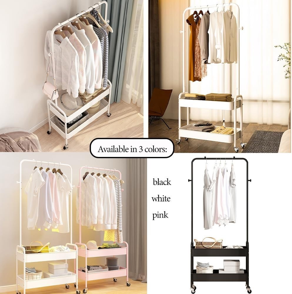 Heavy Duty Clothes Rack 2 Tier Shelves Metal Rail with Wheels Black