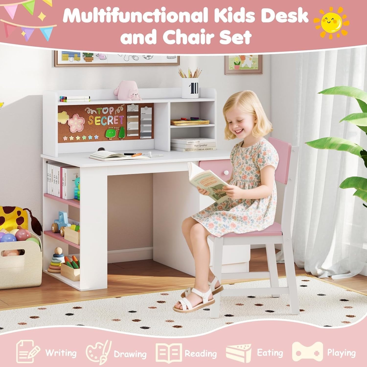Kids Study Desk and Chair Set Wooden Writing Table Storage Shelves Drawer Pink