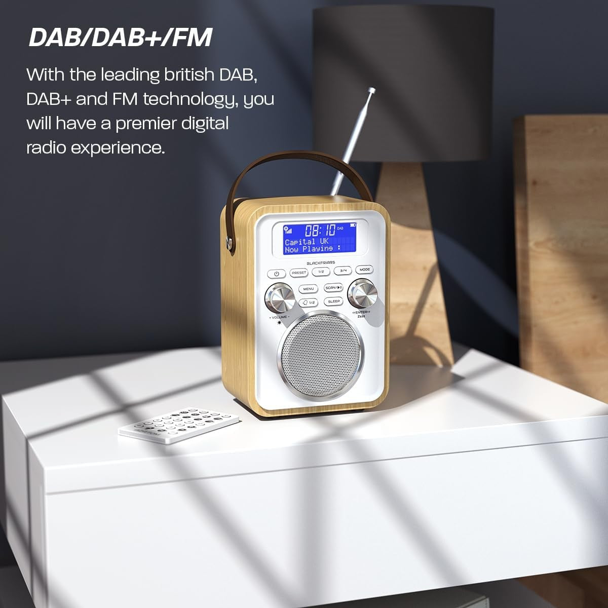 Light Oak Portable DAB DAB+ FM Radio Bluetooth Rechargeable Dual Alarm