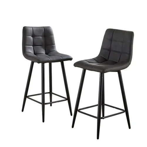 2 Grey Bar Stools Padded Seat Kitchen Breakfast Chairs w/ Black Legs