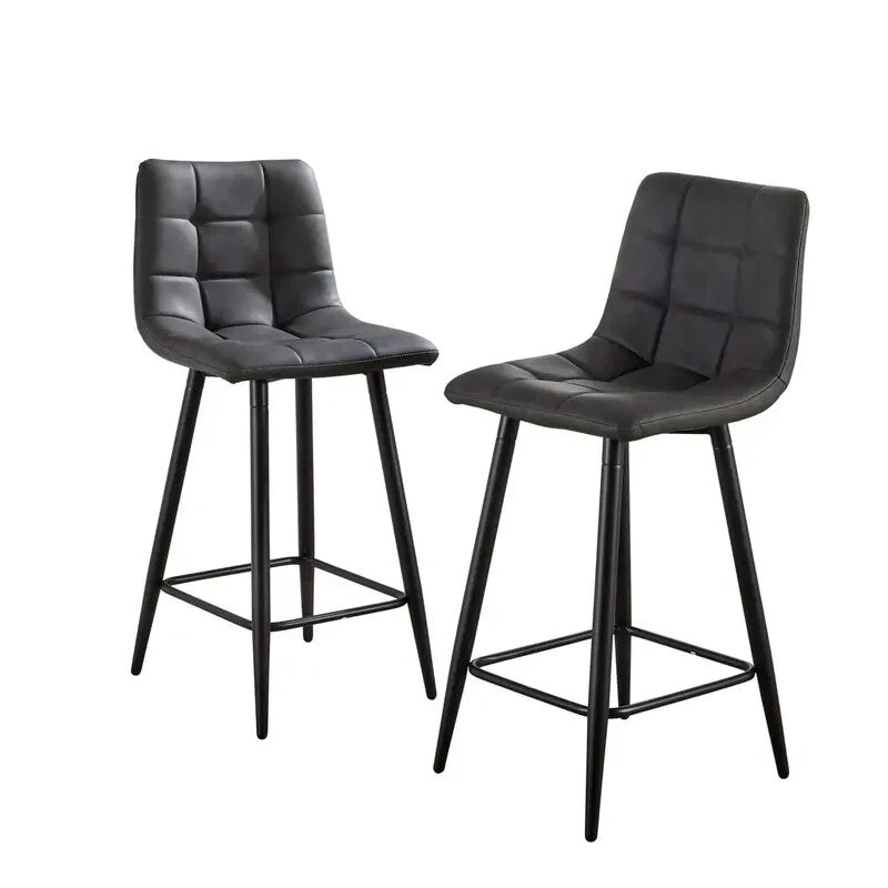 2 Grey Bar Stools Padded Seat Kitchen Breakfast Chairs w/ Black Legs