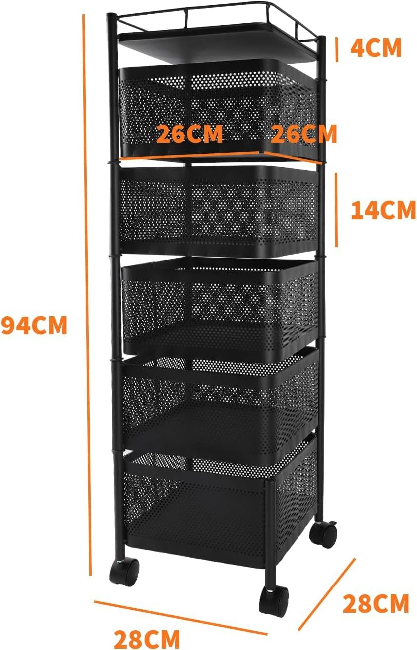 6 Tier Metal Fruit Basket Rotating Storage Trolley with Wheels Black