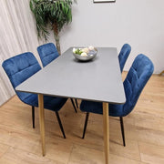Modern Grey Dining Table Set with 4 Blue Velvet Chairs for Kitchen Home