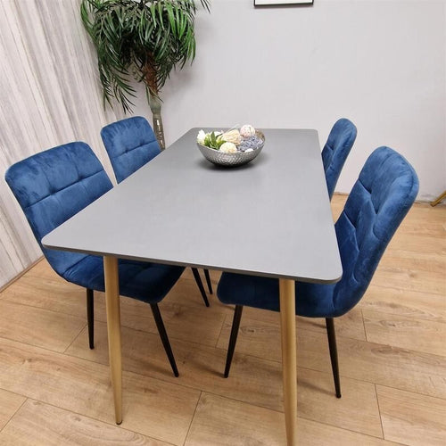 Modern Grey Dining Table Set with 4 Blue Velvet Chairs for Kitchen Home
