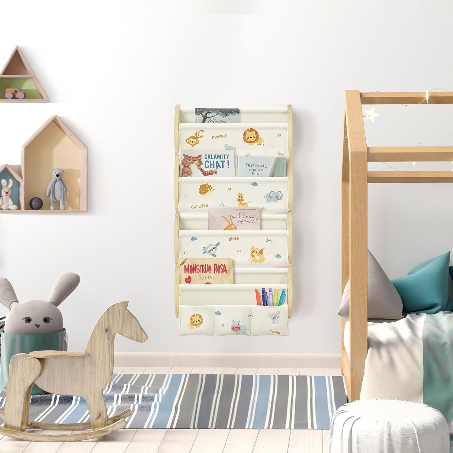 Kids Wall Mounted Bookshelf 4 Tier Floating Shelf with Pockets – Woodland Animal