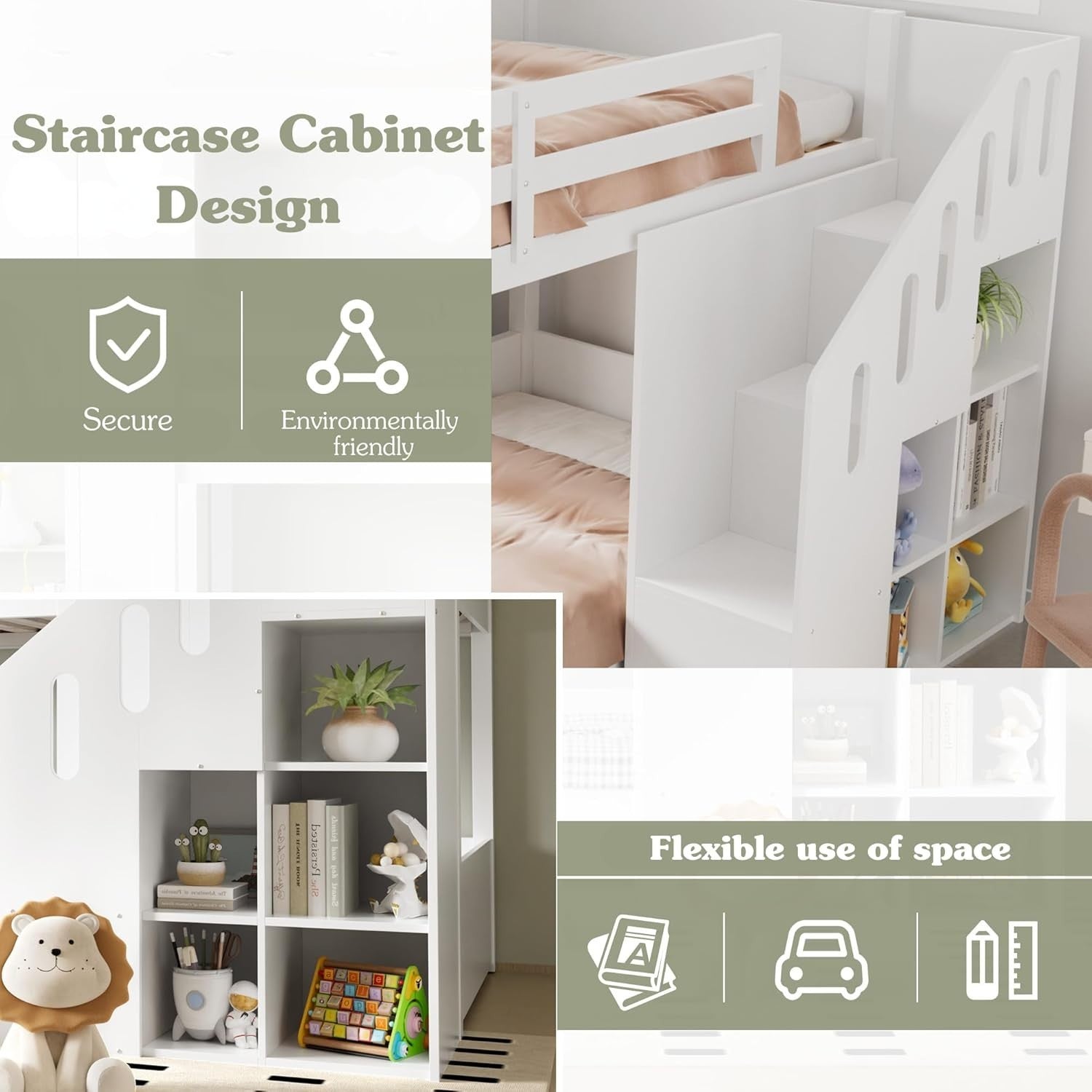 Space-Saving 3FT Kids Bunk Bed with Storage Stairs, Cabinets & Safety Railings
