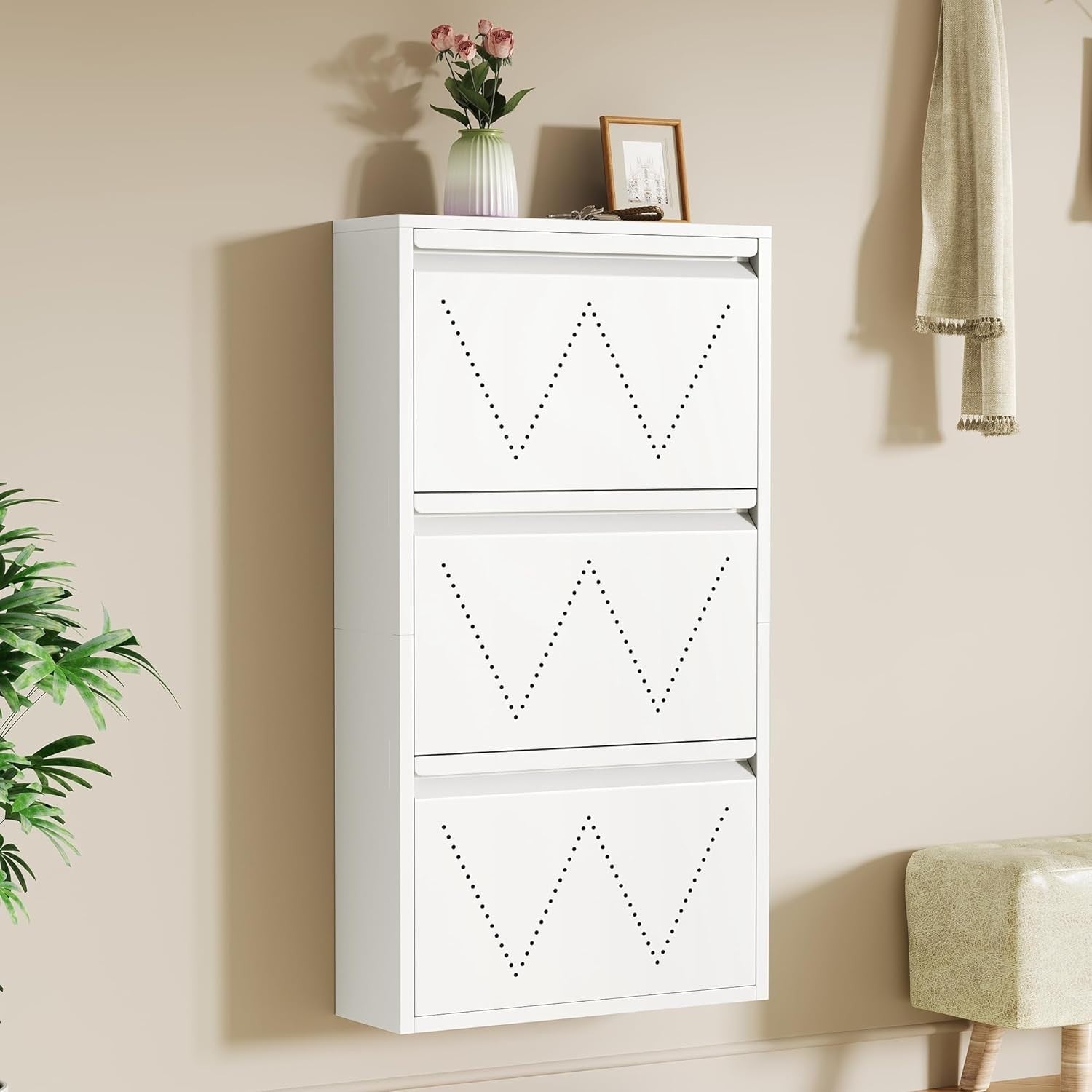 Slim Metal Shoe Cabinet 2-Pack with 3 Flip Drawers & Anti-Tip Wall Mount