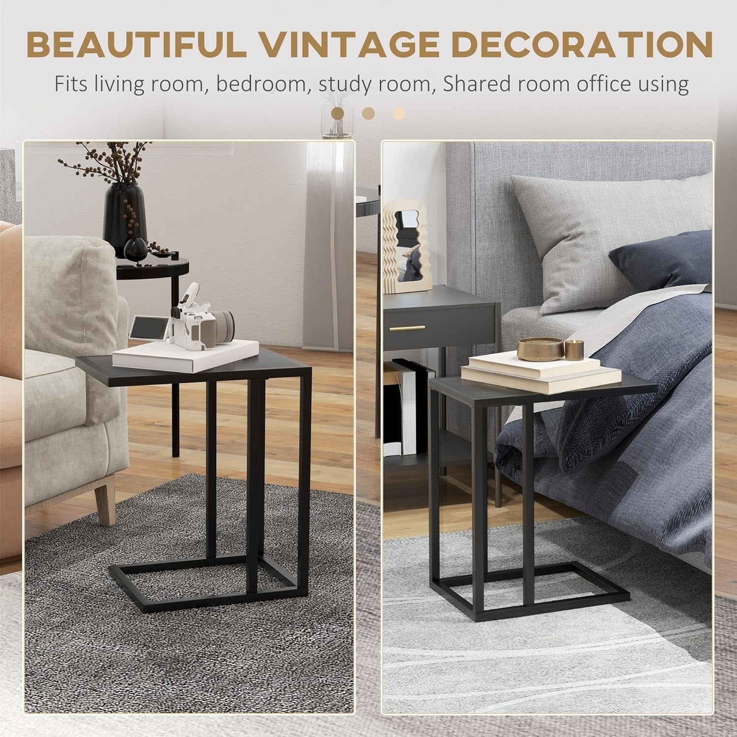 Slim C Shape Sofa Side Table Black Wood | Metal Frame Snack Coffee Stand