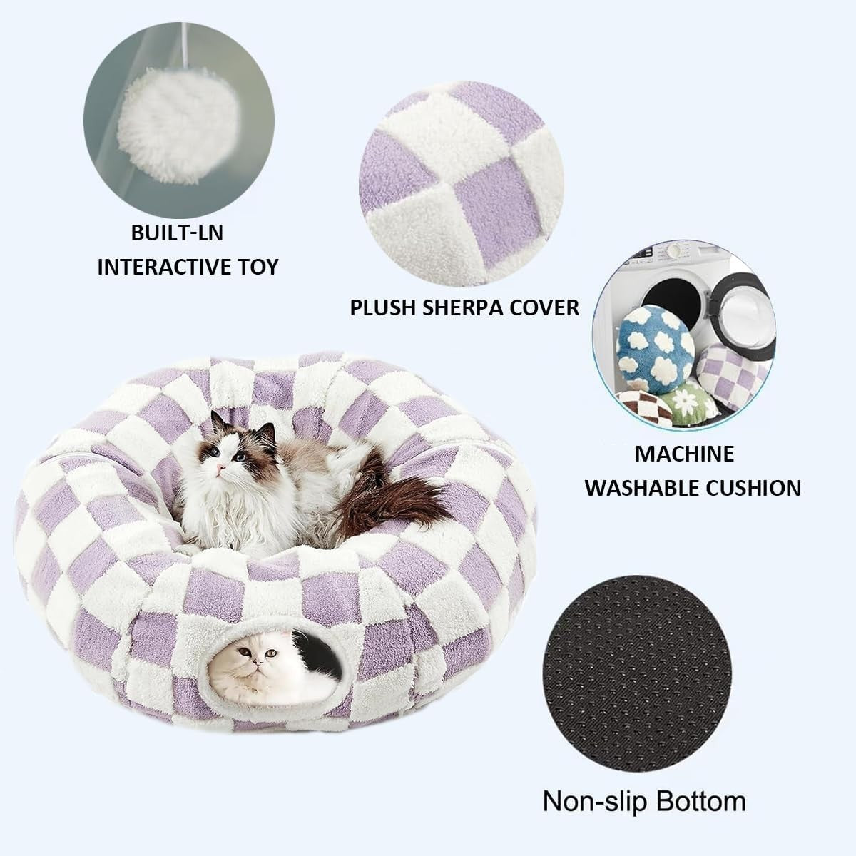 Cat Donut Tunnel Bed 2 in 1 Play Tunnel w Washable Cushion Purple
