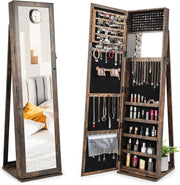 Rustic Brown Jewelry Cabinet Mirror Lockable 3-in-1 Freestanding Storage