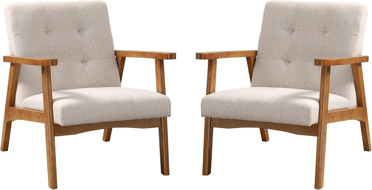 Modern Beige Linen Accent Chair Set of 2 – Solid Wood Lounge Armchairs