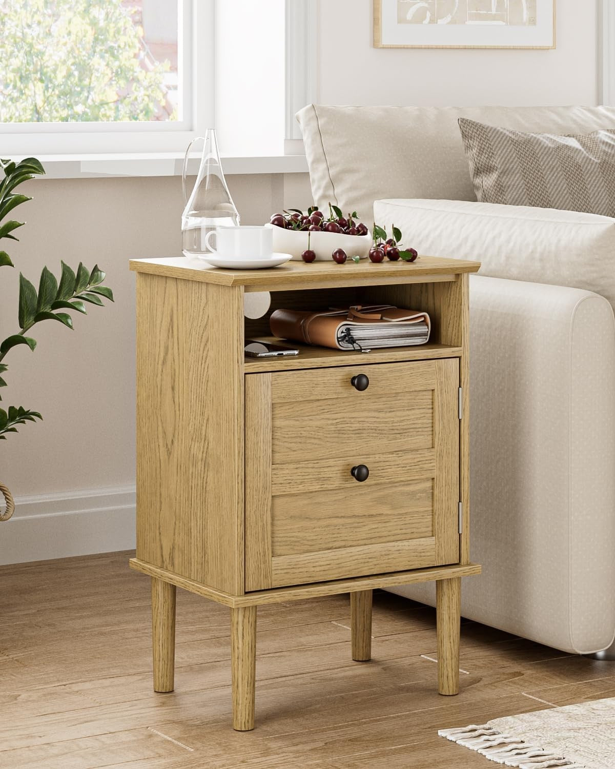 Light Oak Wooden Bedside Table with Door & Open Shelf | Modern Rustic Nightstand