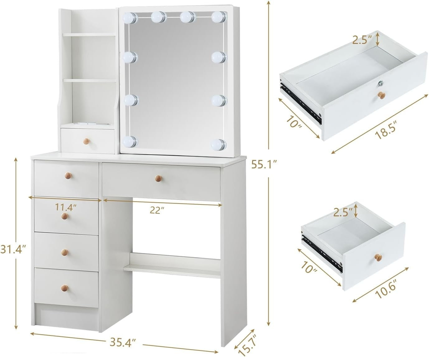 White Modern Vanity Desk Makeup Table Set w/ 10 Lights Mirror & 5 Drawers