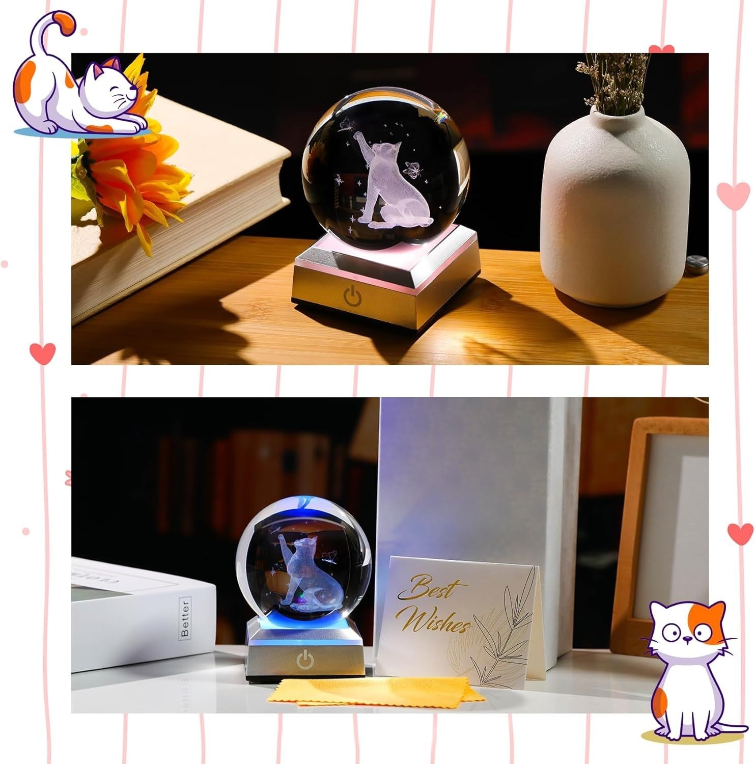 3D Crystal Cat & Butterfly LED Light Ball 80mm Glass Ornament Gift for Cat Lover