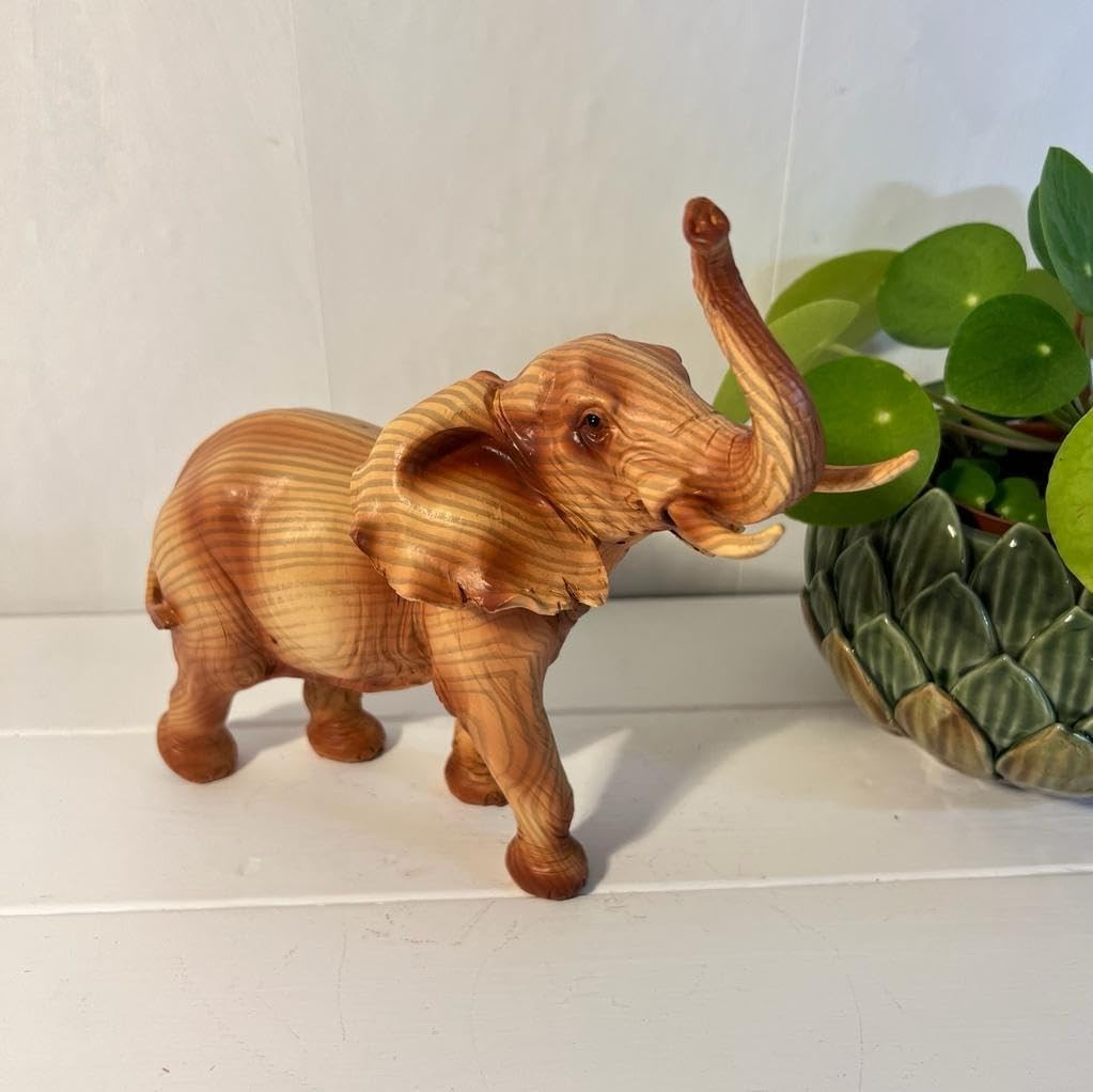 Wood Effect Elephant Ornament | Resin Wildlife Decor | Raised Trunk Figurine