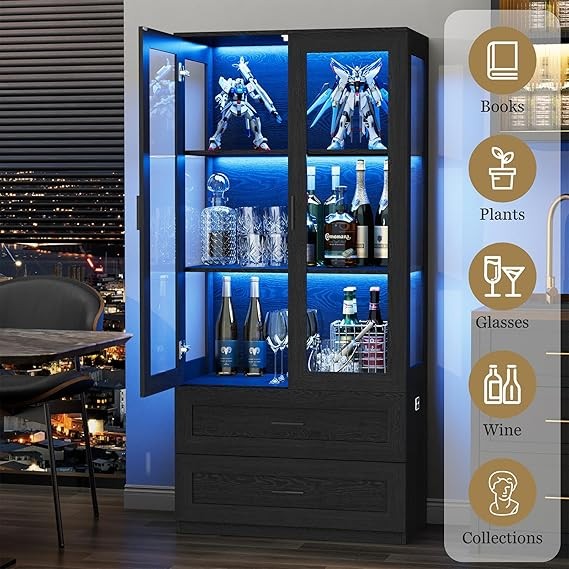 Tall Black Display Cabinet with LED Lights & Glass Doors – 67" Storage Unit