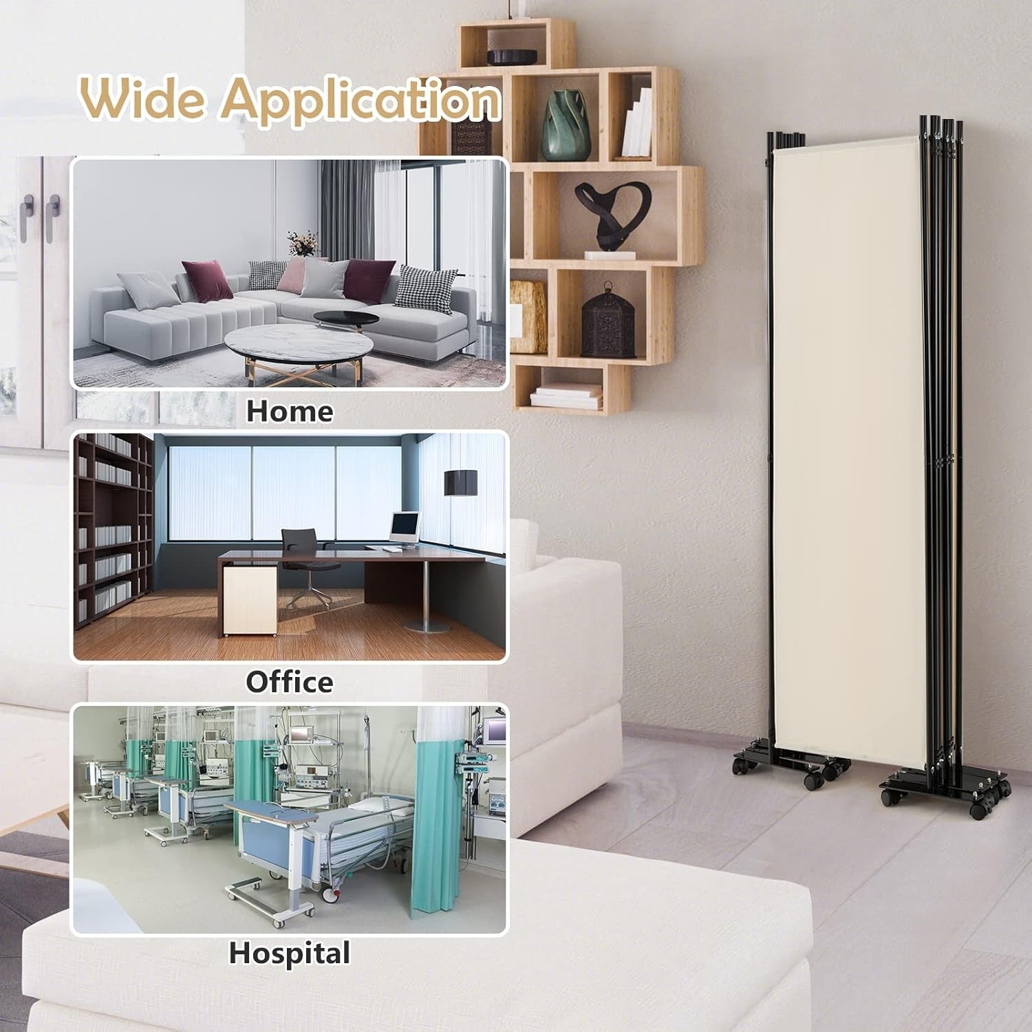 6 Panel White Folding Room Divider Privacy Screen with Wheels for Home Office