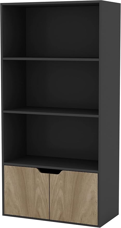 Modern 4-Tier Wide Bookcase with Storage Cupboard – Black & Oak Shelf Unit