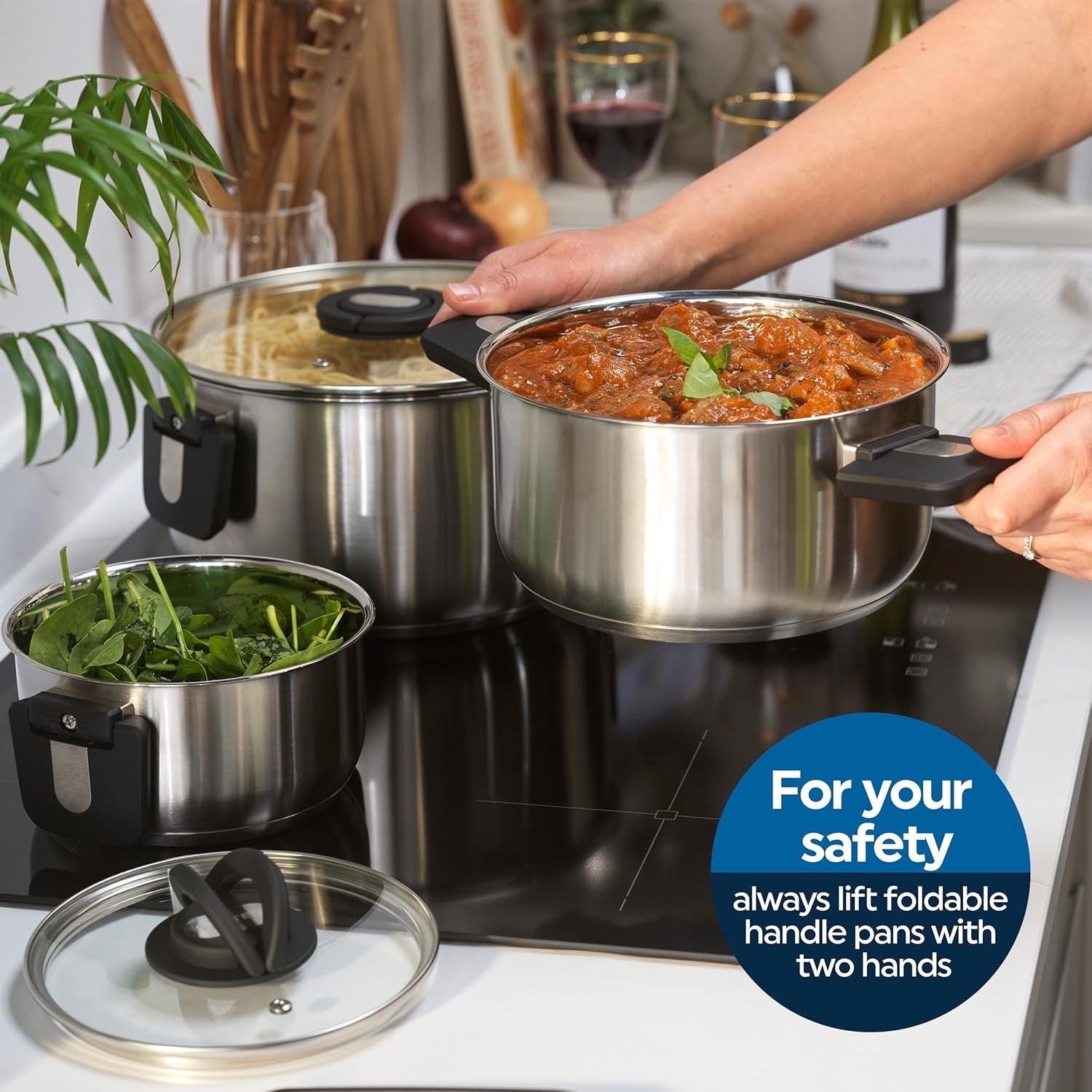 3pcs Stainless Steel Stockpot Set – 16 20 & 24 cm Induction Pans with Glass Lids