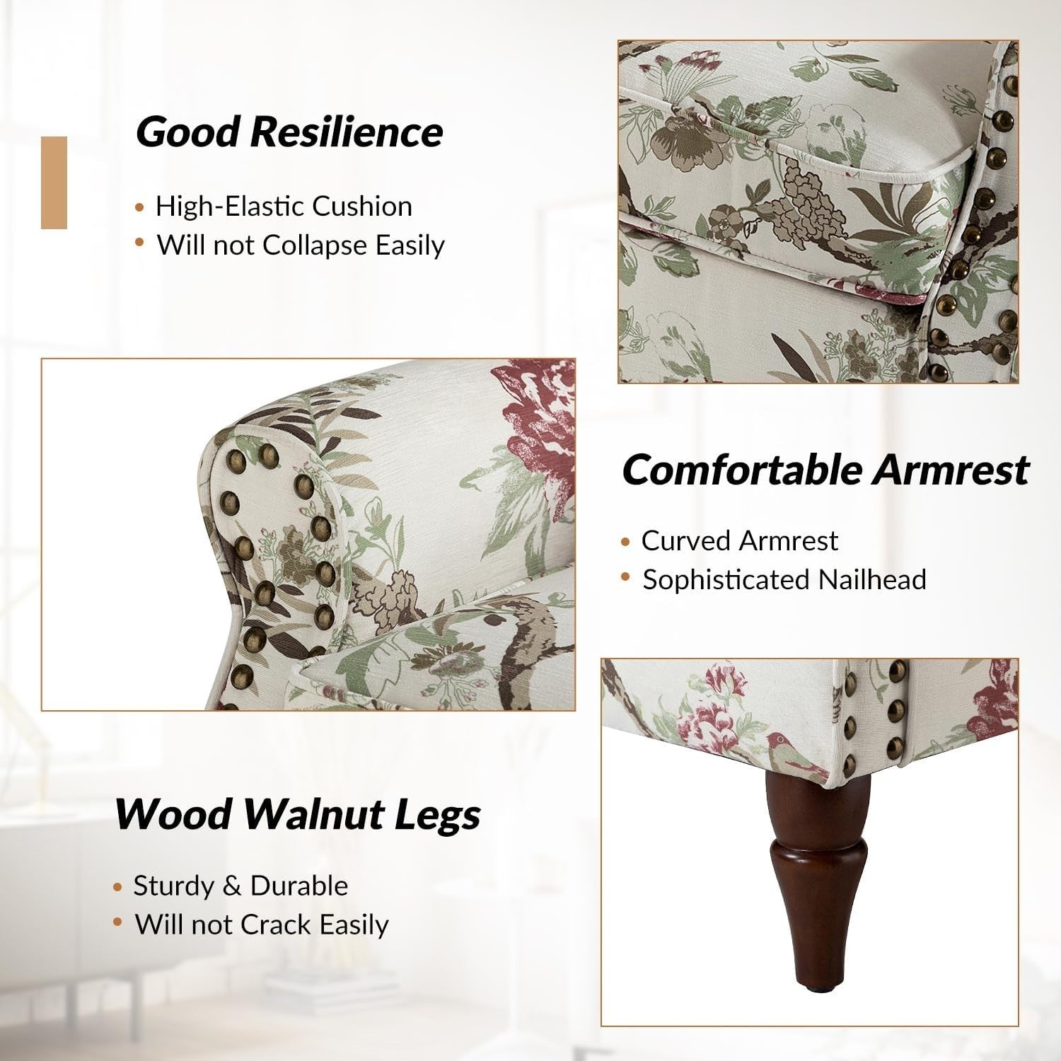 Floral Wingback Accent Chair Comfy Armchair Tufted Back Wood Legs