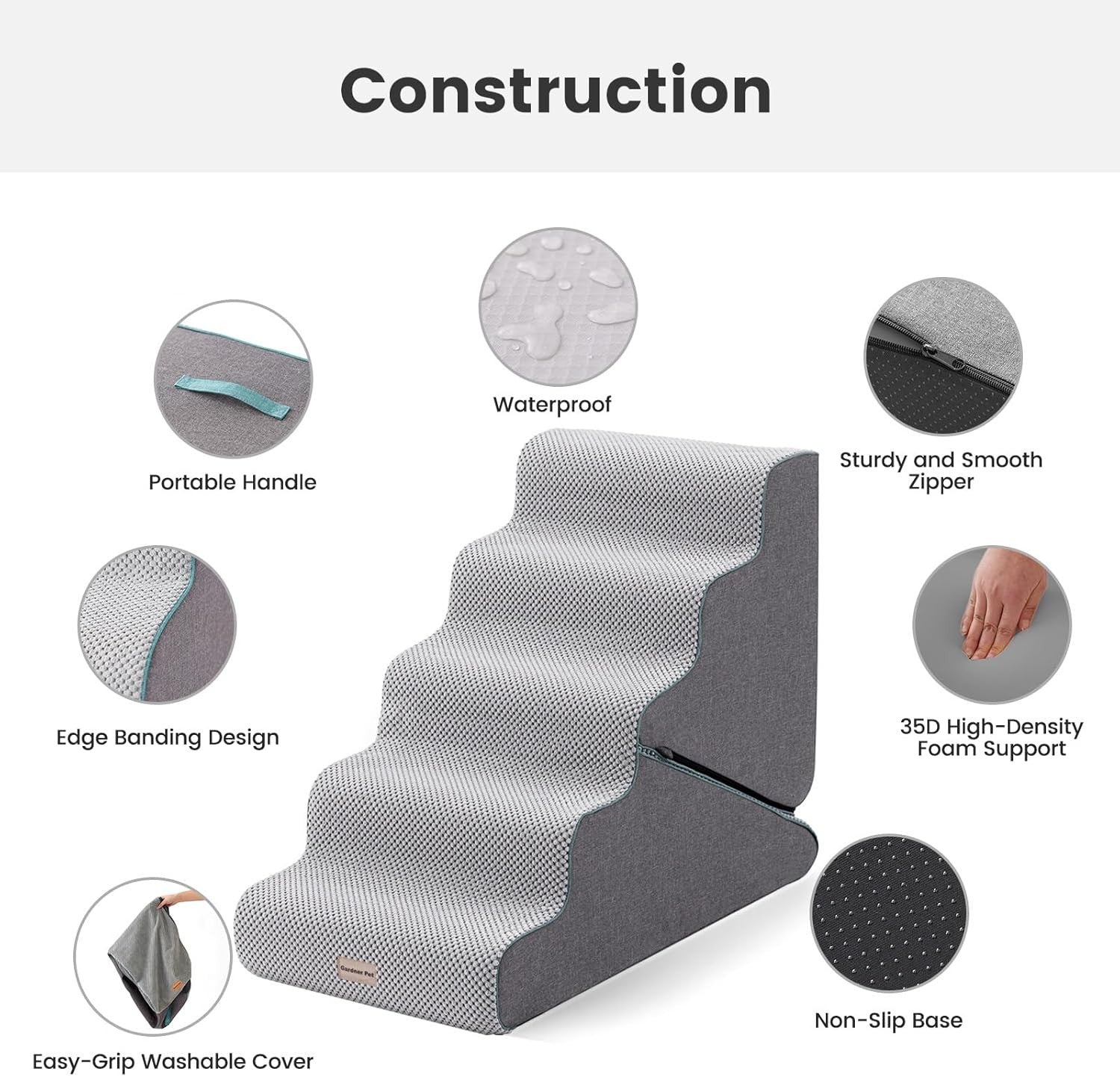 Adjustable 5 Step Dog Stairs Pet Ramp Non Slip Washable Grey