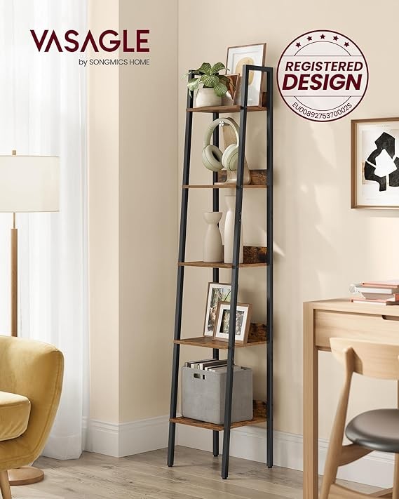 5-Tier Narrow Ladder Shelf Rustic Brown Industrial Tall Bookcase Storage Unit
