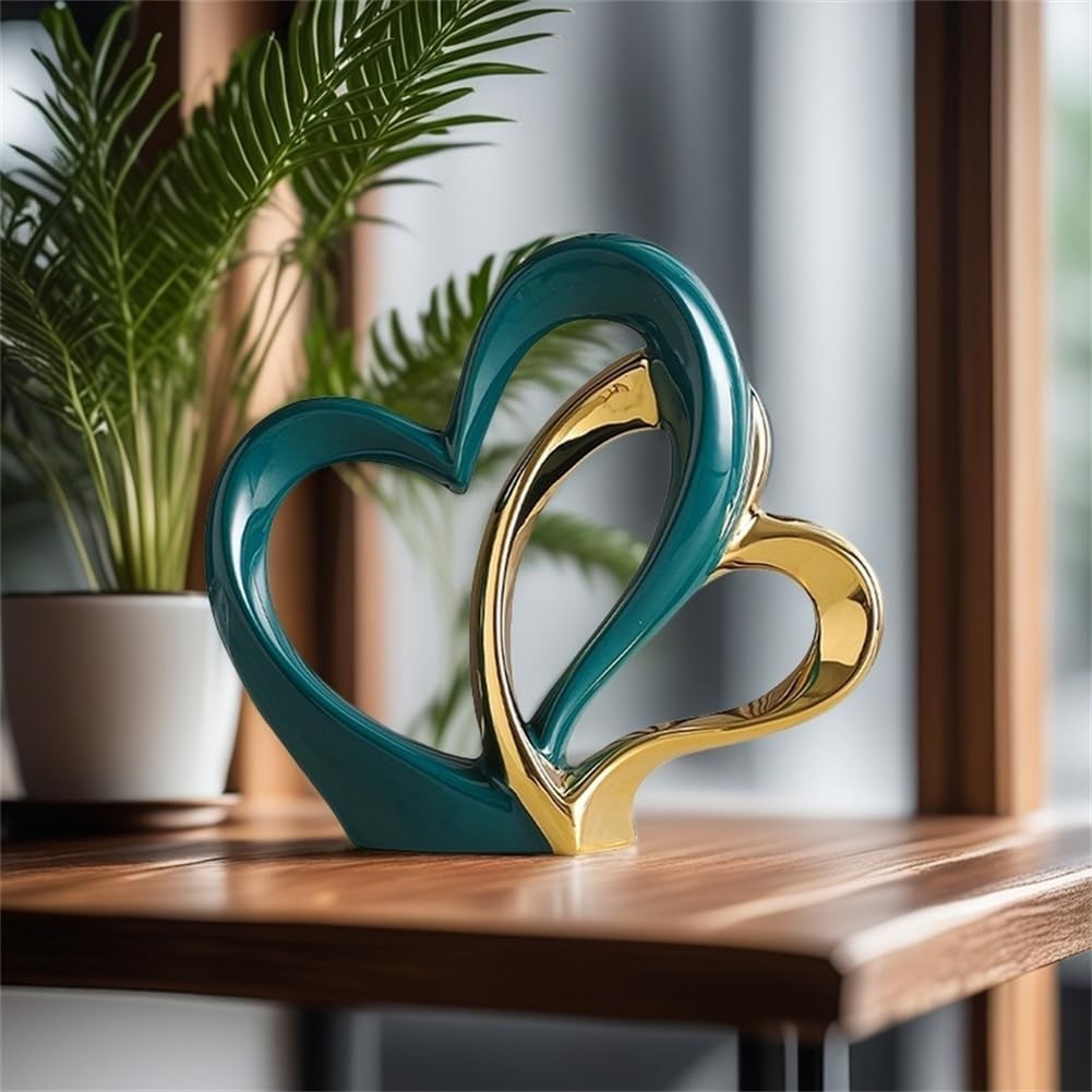 Modern Double Heart Ceramic Sculpture Green Gold Ornament Luxury Home Decor Gift