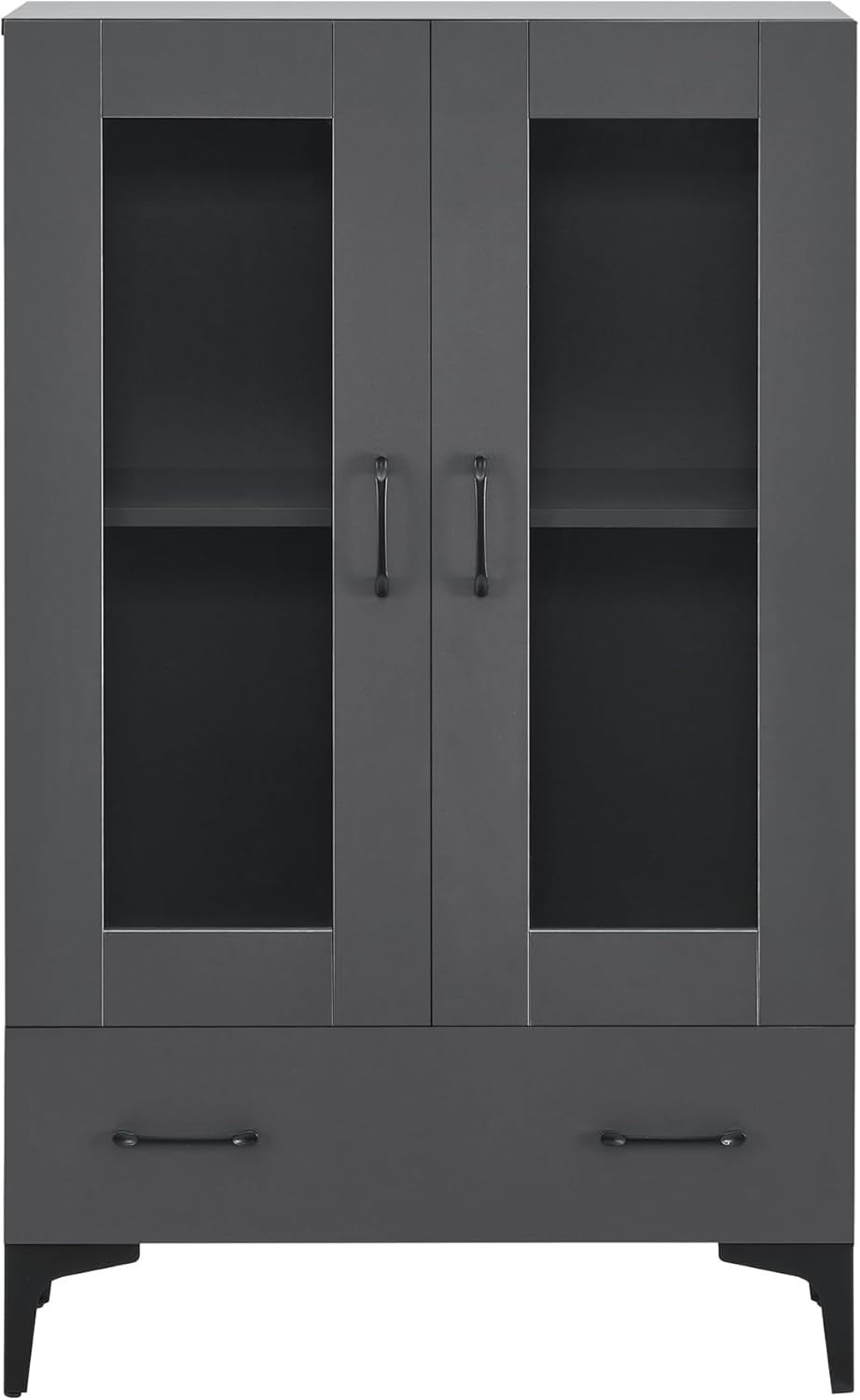 115cm Dark Grey Display Cabinet | 2 Glass Doors & 1 Drawer