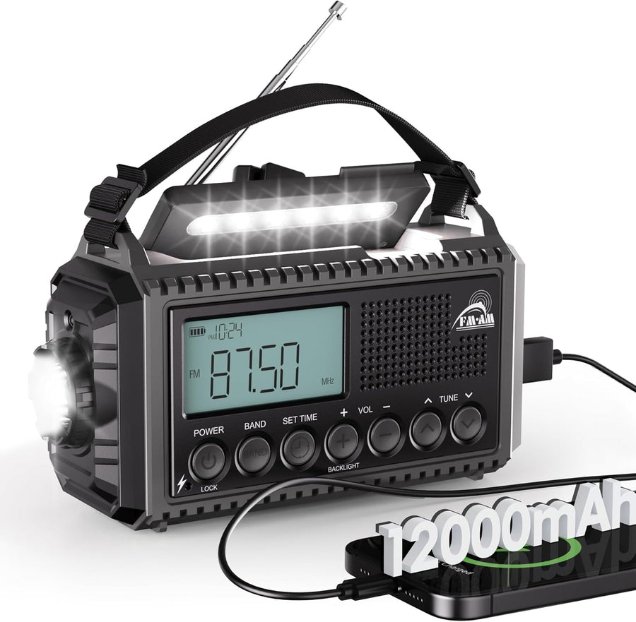 12000mAh Solar Hand Crank Emergency Radio AM/FM USB Phone Charger SOS
