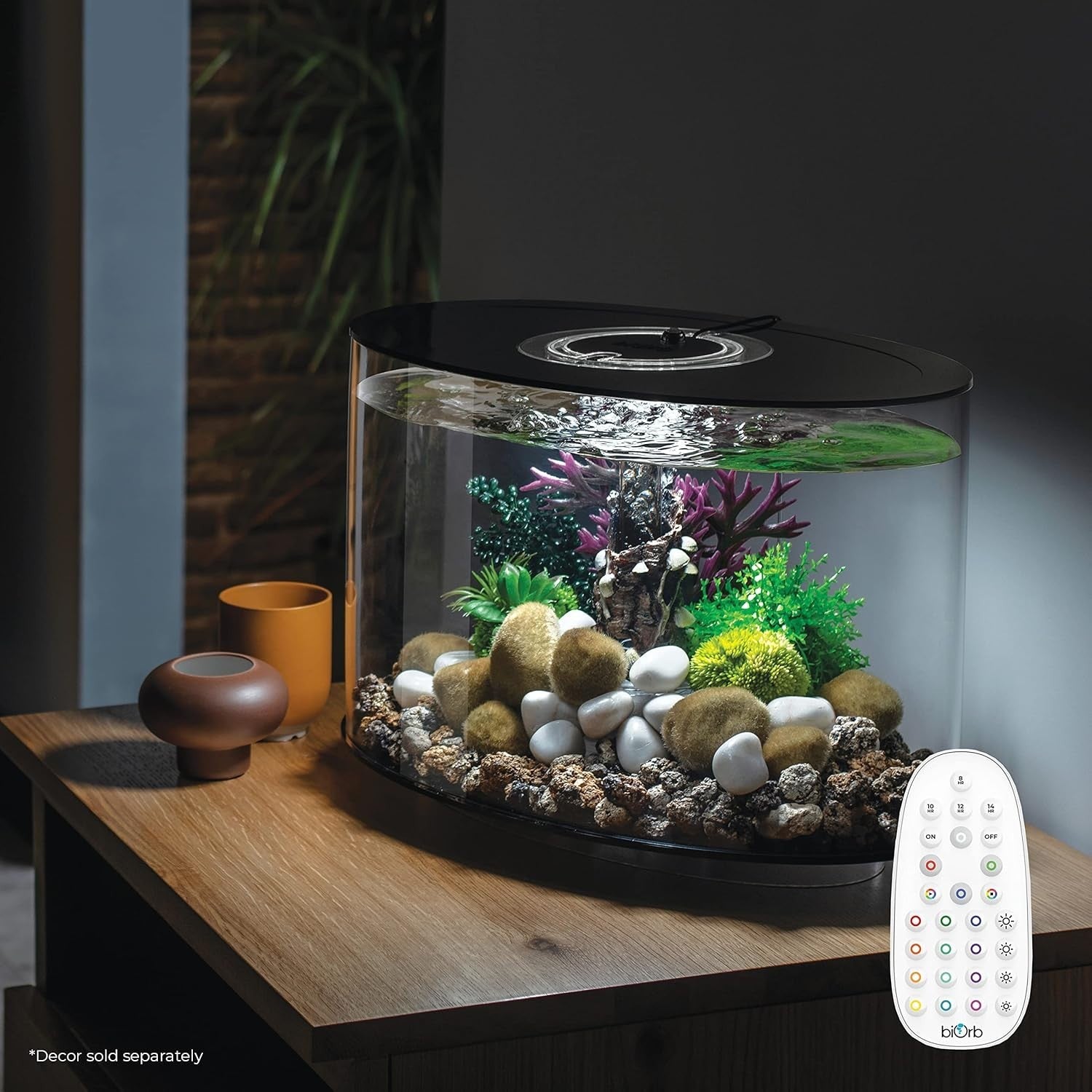 15L Black Acrylic Oval Aquarium with Remote LED Lights & 5-Step Filter