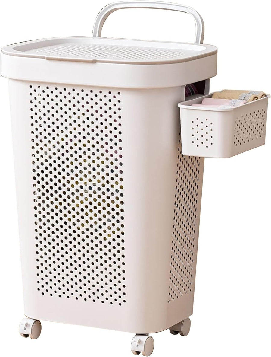 White Rolling Laundry Hamper with Lid & Handle | Ventilated Large Clothes Basket