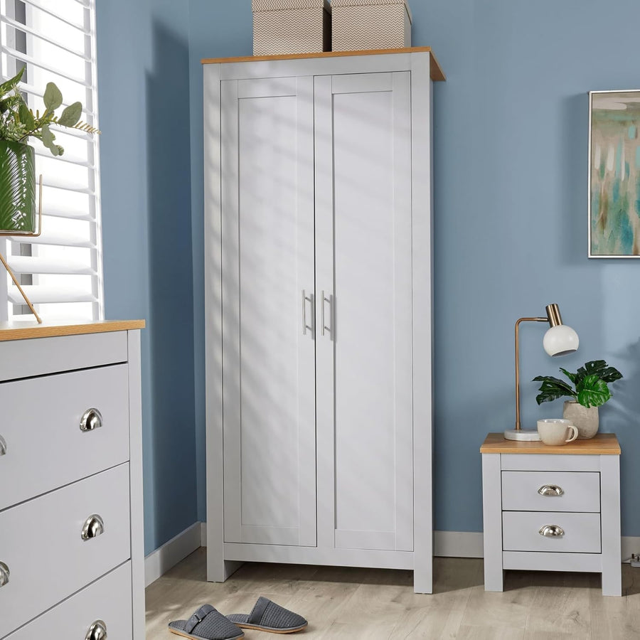 Slim 2 Door Grey Wardrobe with Hanging Rail & Oak Top Storage Shelf