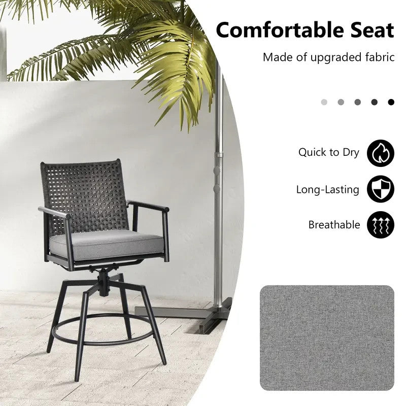 Outdoor Swivel Bar Stools Set of 2 Rattan Cushioned Garden Patio Chairs
