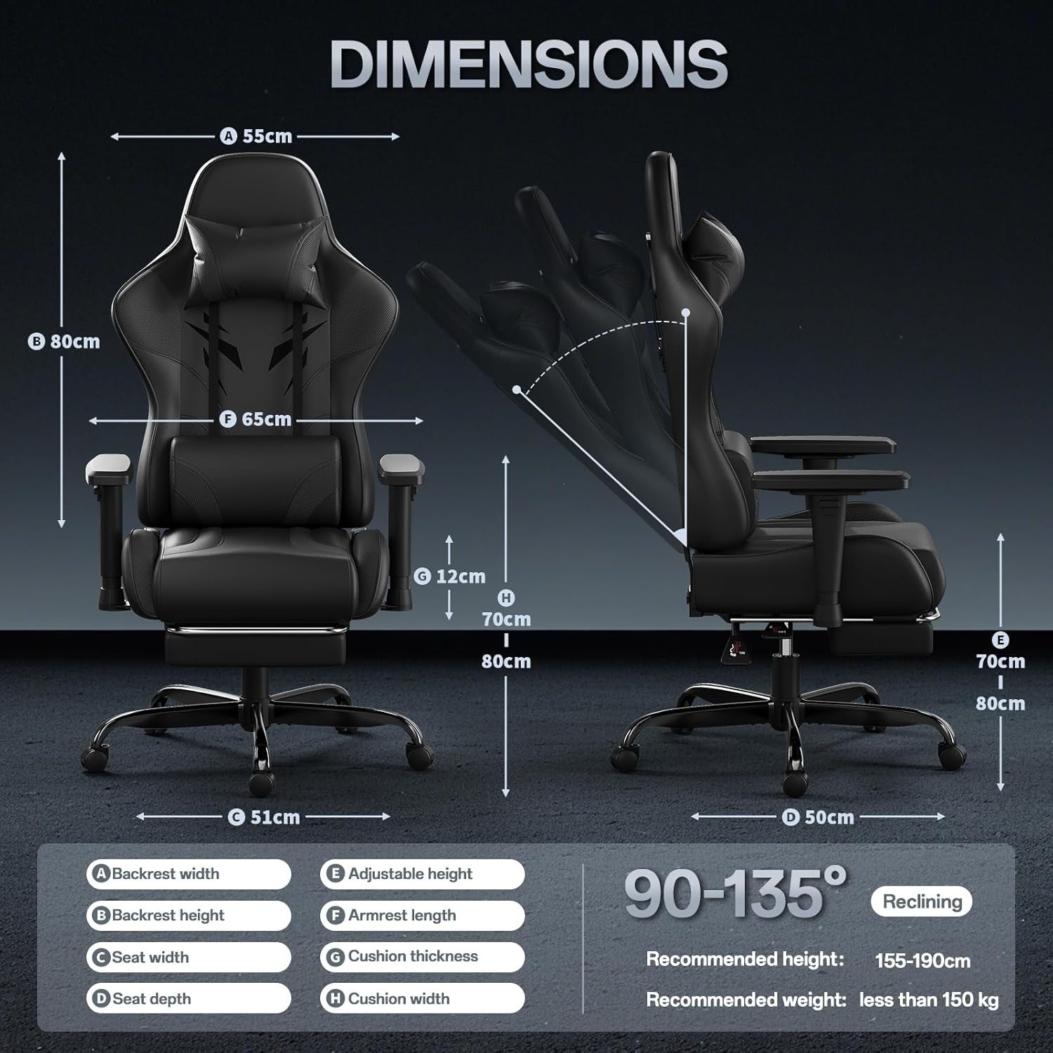 Ergonomic Gaming Chair w/ Footrest 2D Armrests PU Leather Black