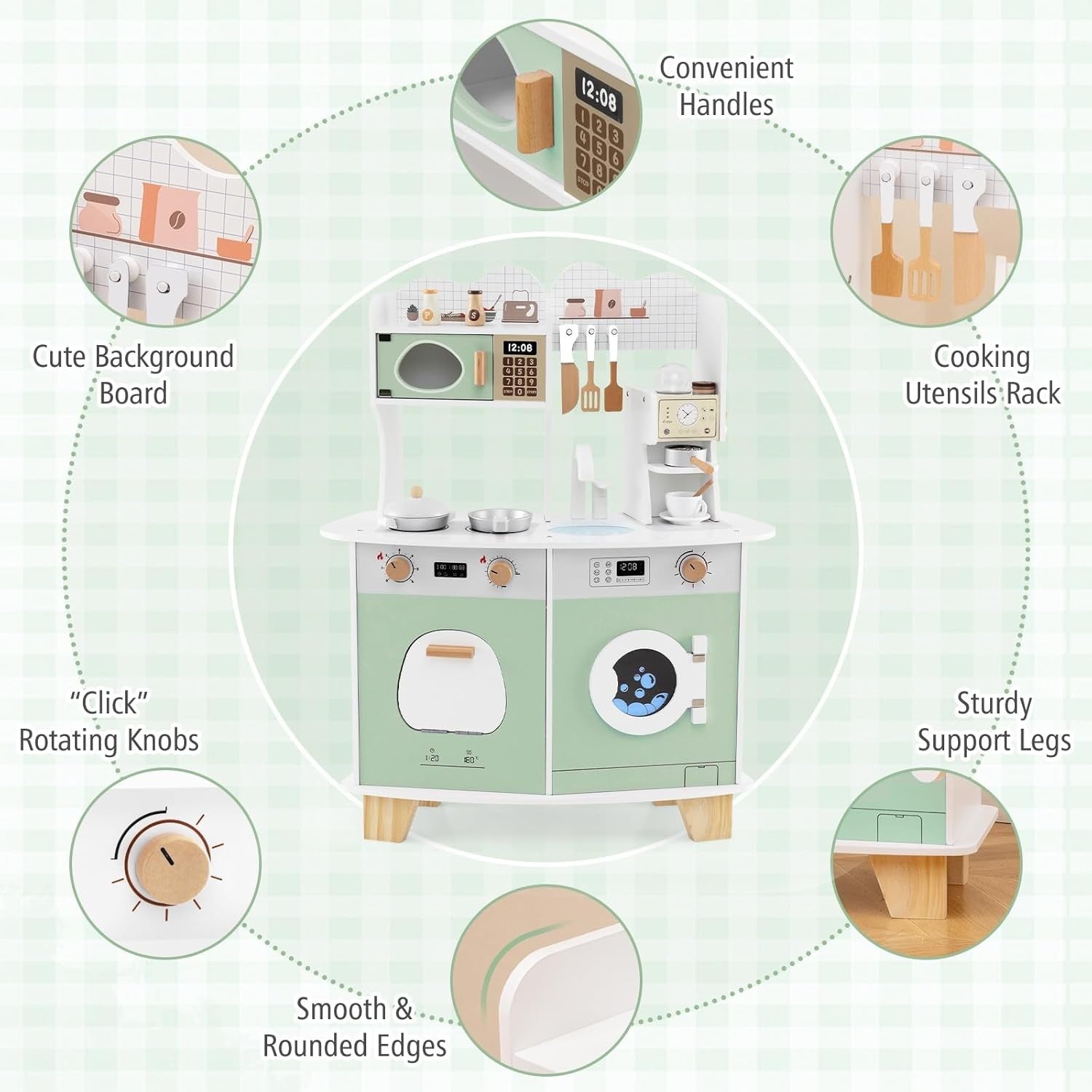 Kids Wooden Play Kitchen w/ Coffee Maker Microwave Green Toy