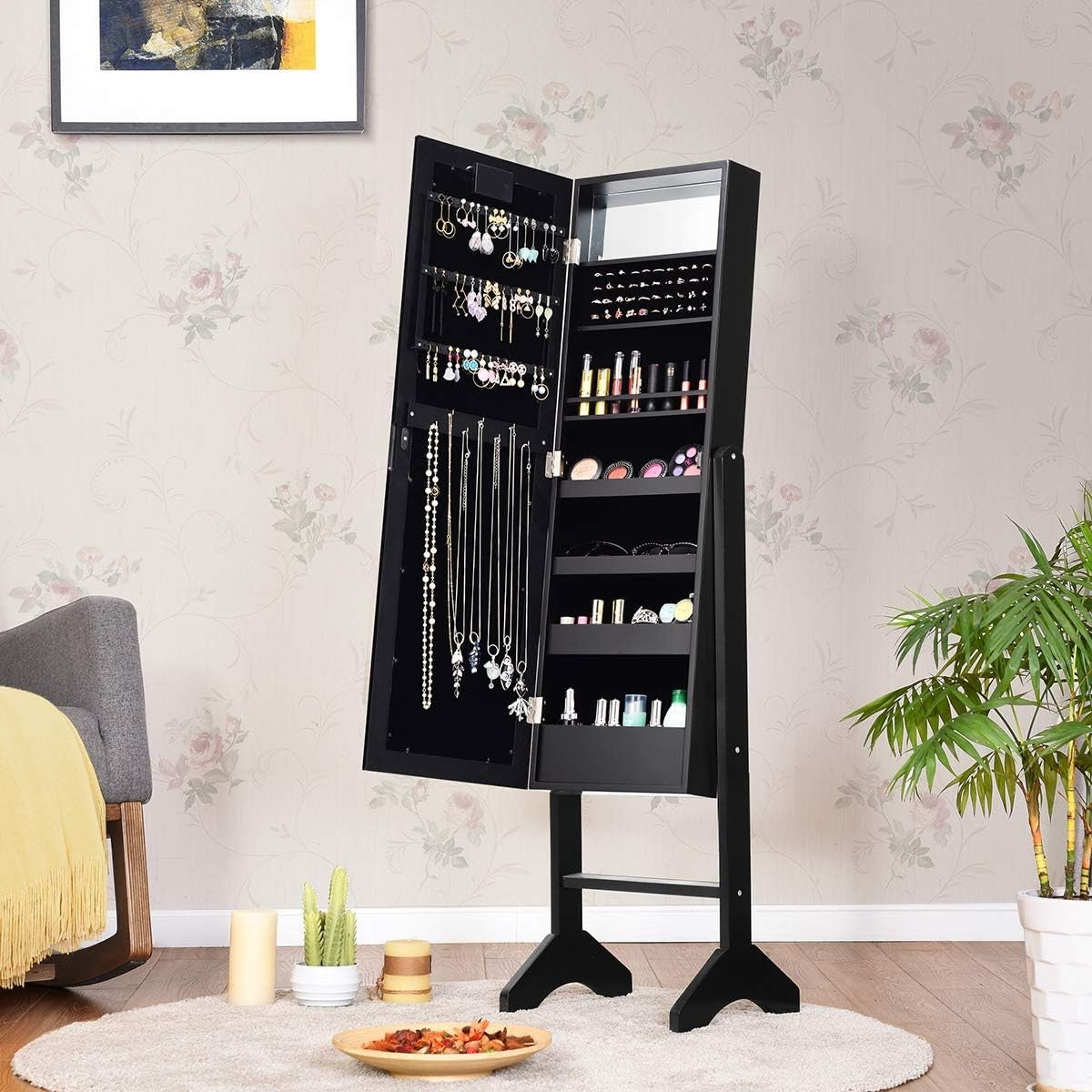 Black LED Full Length Mirror Jewelry Cabinet Lockable Freestanding Organizer