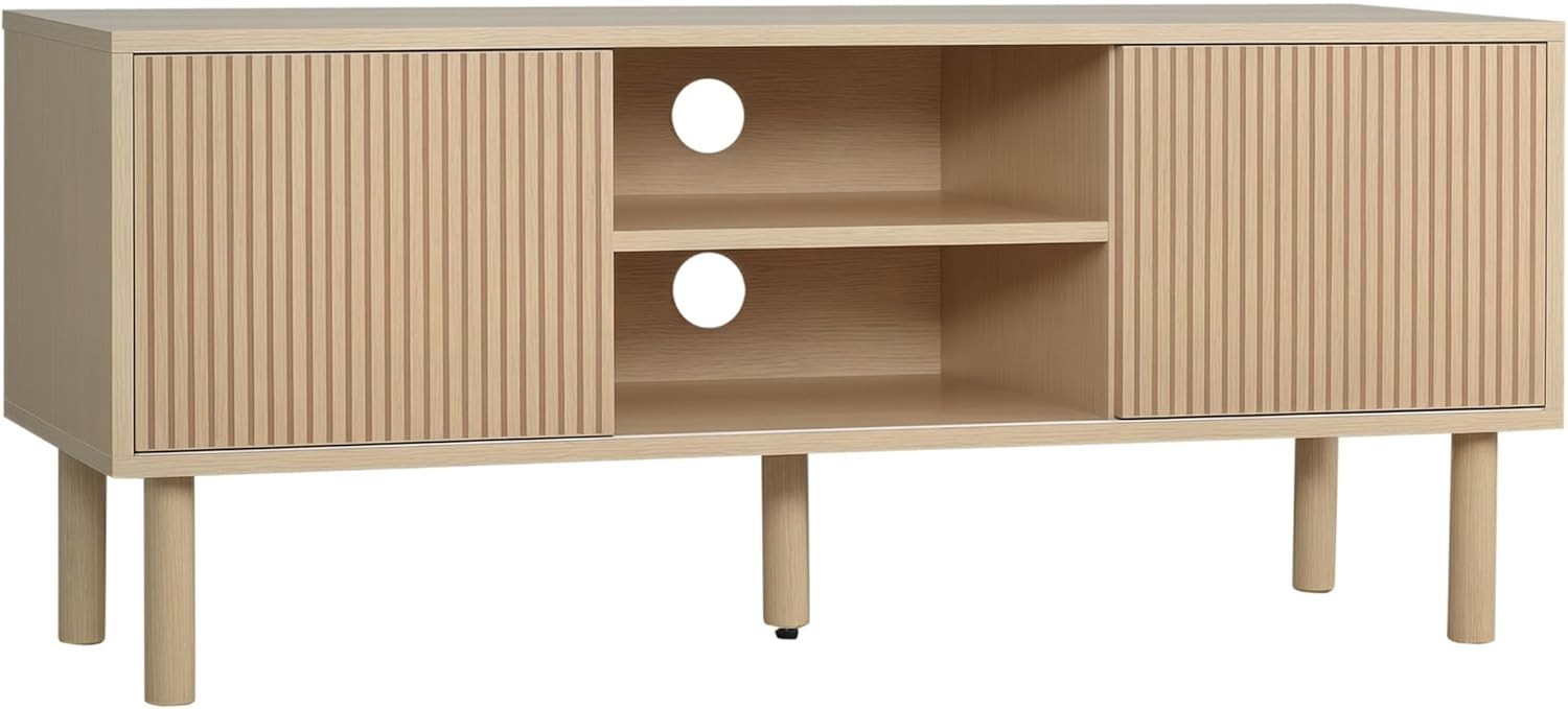 Modern Wood TV Unit Cabinet Stand with Storage Shelves & Sliding Doors