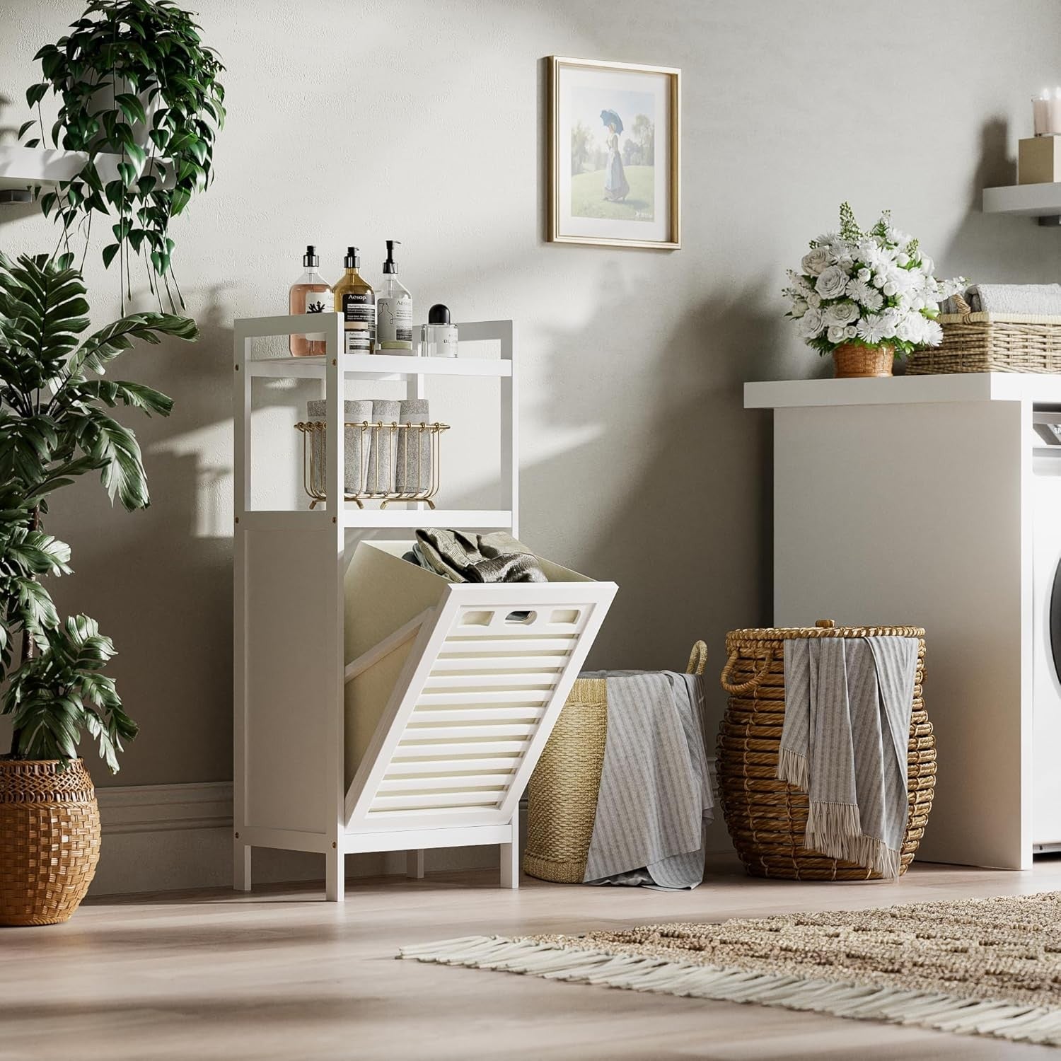 White Bamboo Tilt-Out Laundry Hamper with Shelves, Foldable Bag | 30×40×100cm