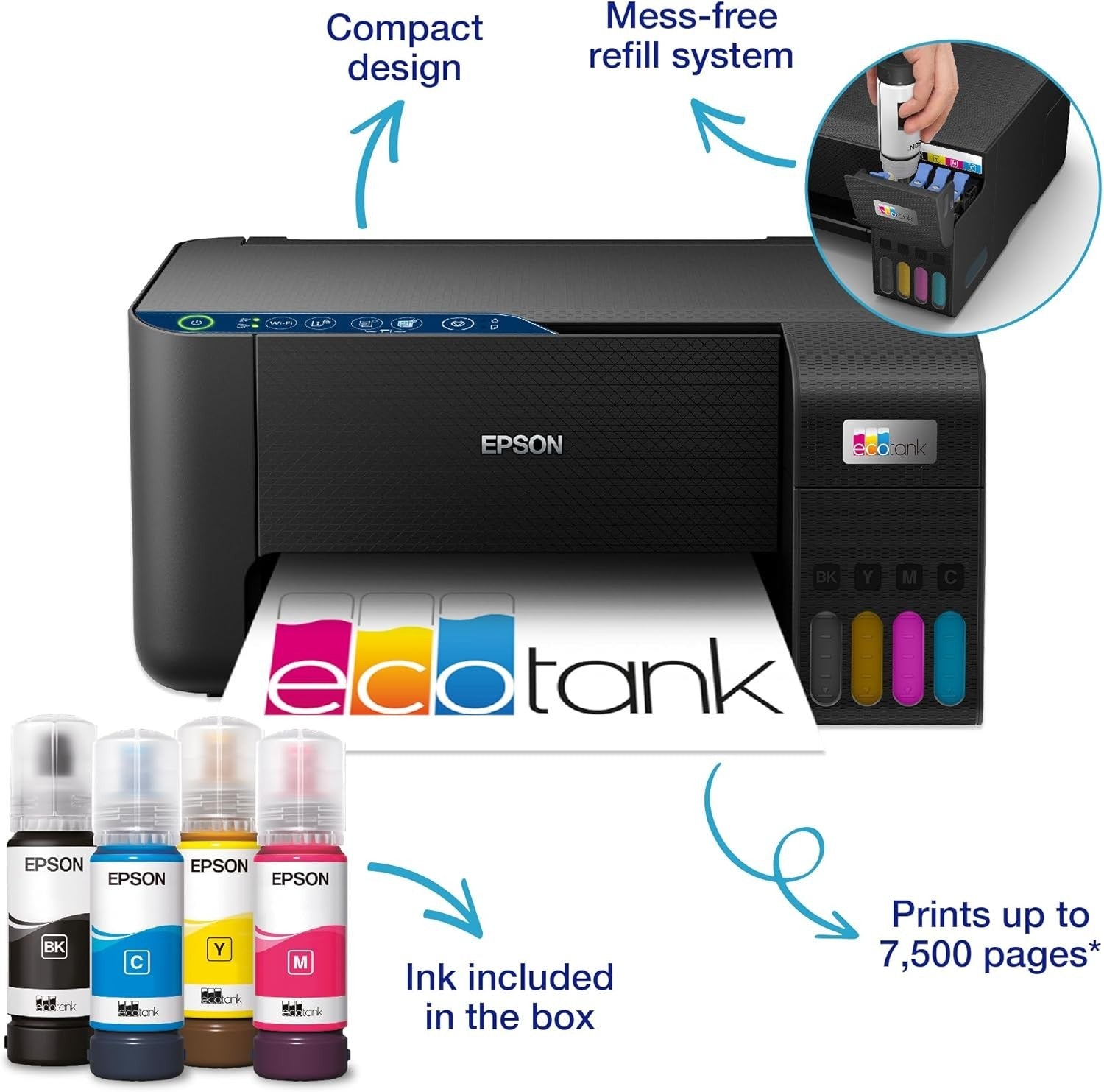 Black EcoTank ET-2861 WiFi Inkjet Printer A4 Borderless Printing